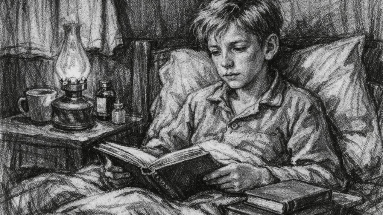 Prikaz djetinjstva Donalda Sutherlanda tijekom bolesti, nacrtan u ugalj stilu s naglašenom emotivnošću