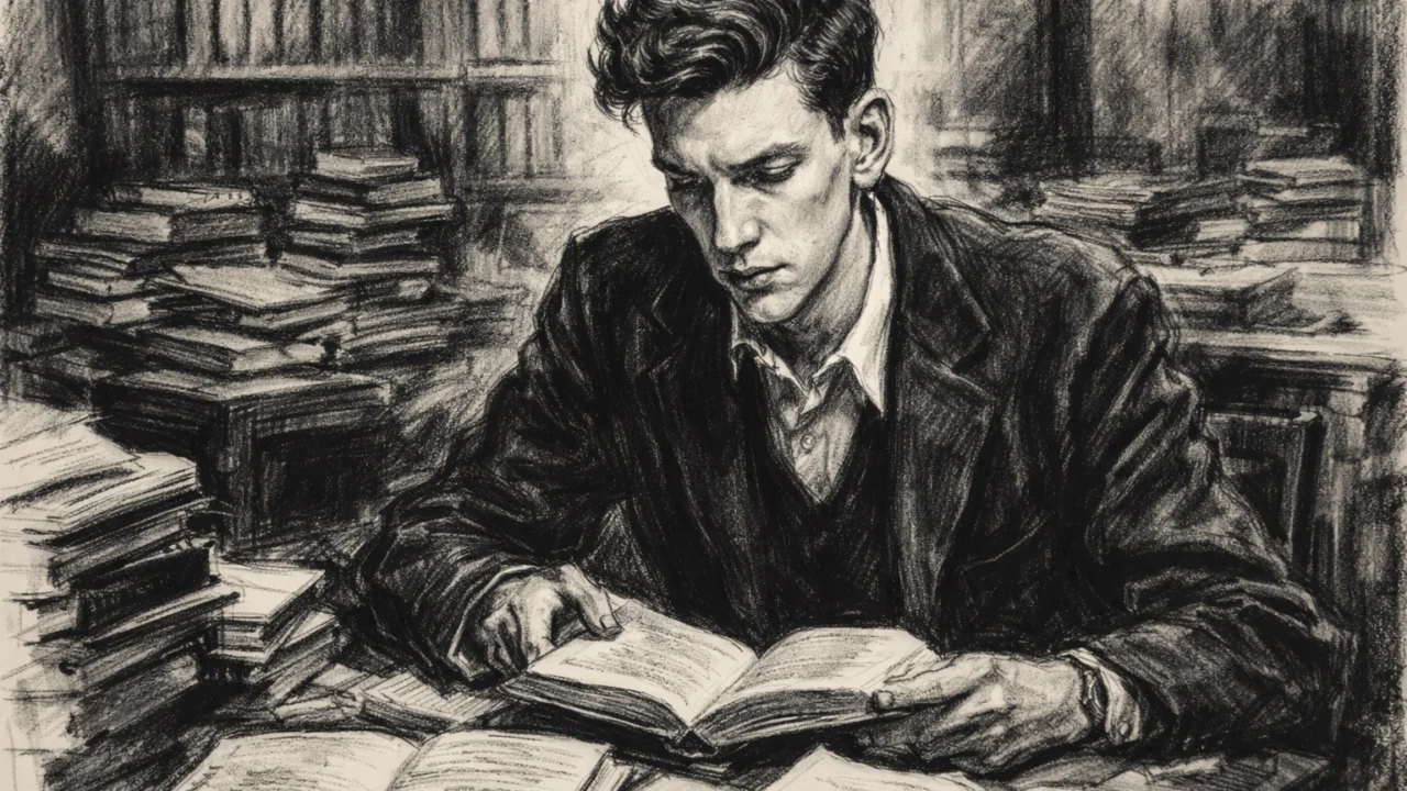 Donald Sutherland kao student na sveučilištu, umjetnički prikazan u ugalj stilu