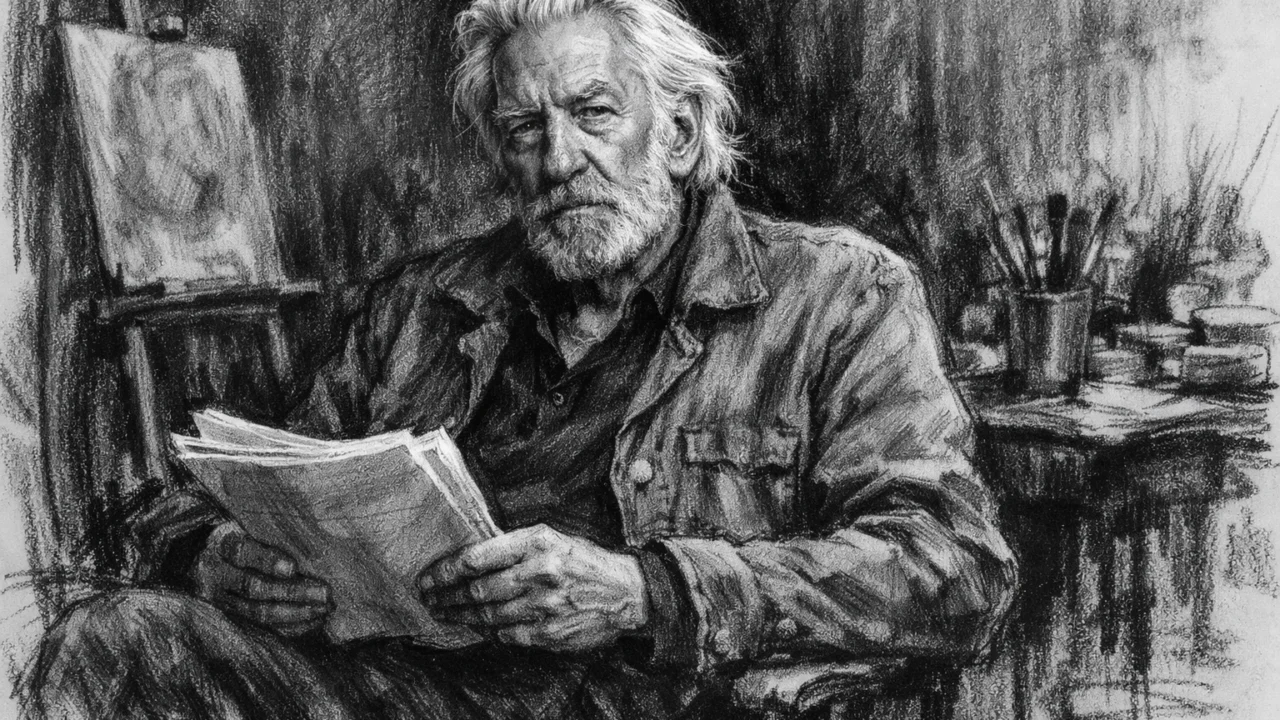 Zreli Donald Sutherland u introspektivnom trenutku, ilustriran u elegantnom ugalj stilu