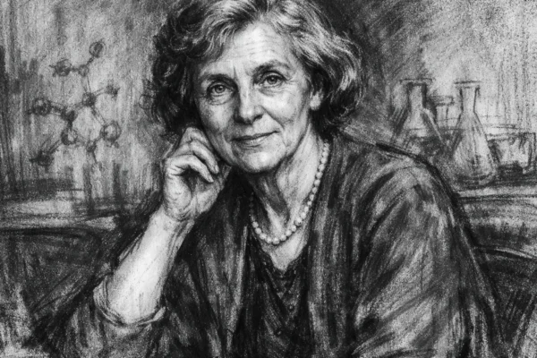 Hero portret Dorothy Hodgkin u crno-bijelom ugljenom crtežu, ugalj stil, snažan kontrast i izražajne linije.