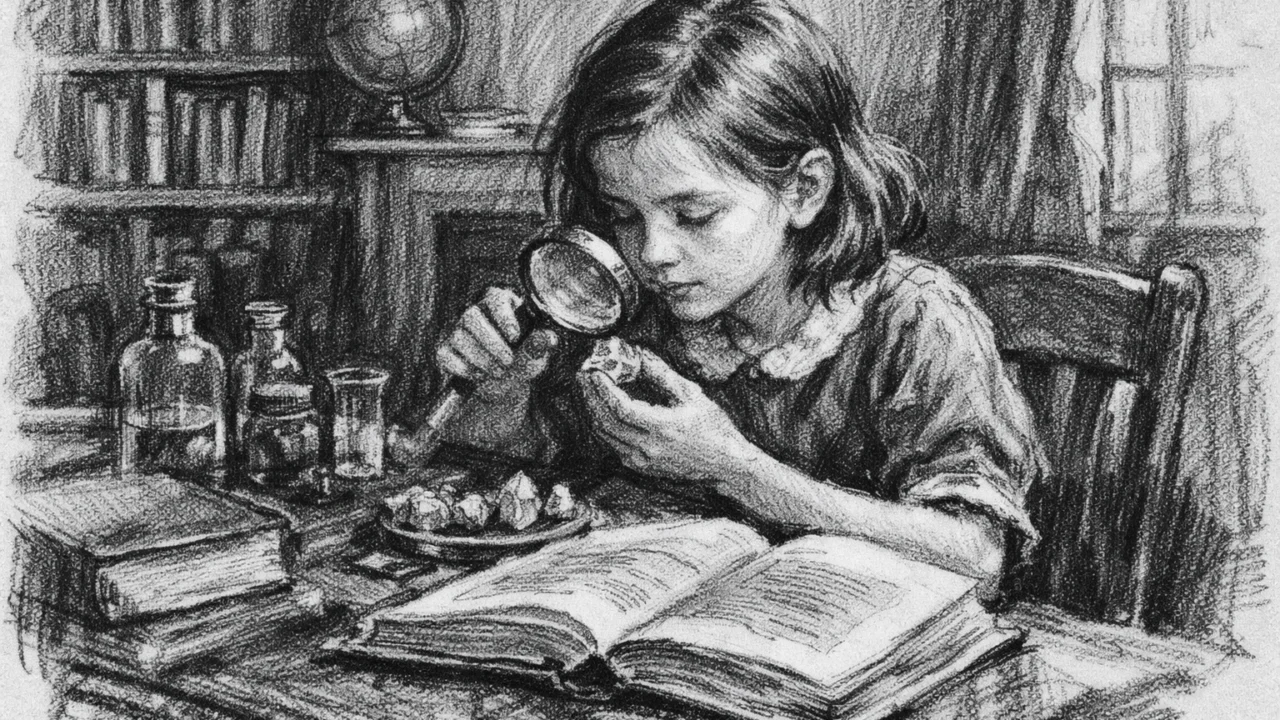 Mladu Dorothy Hodgkin kako otkriva znanost u djetinjstvu, prikazano u ugalj stil crtežu s jakim kontrastom.