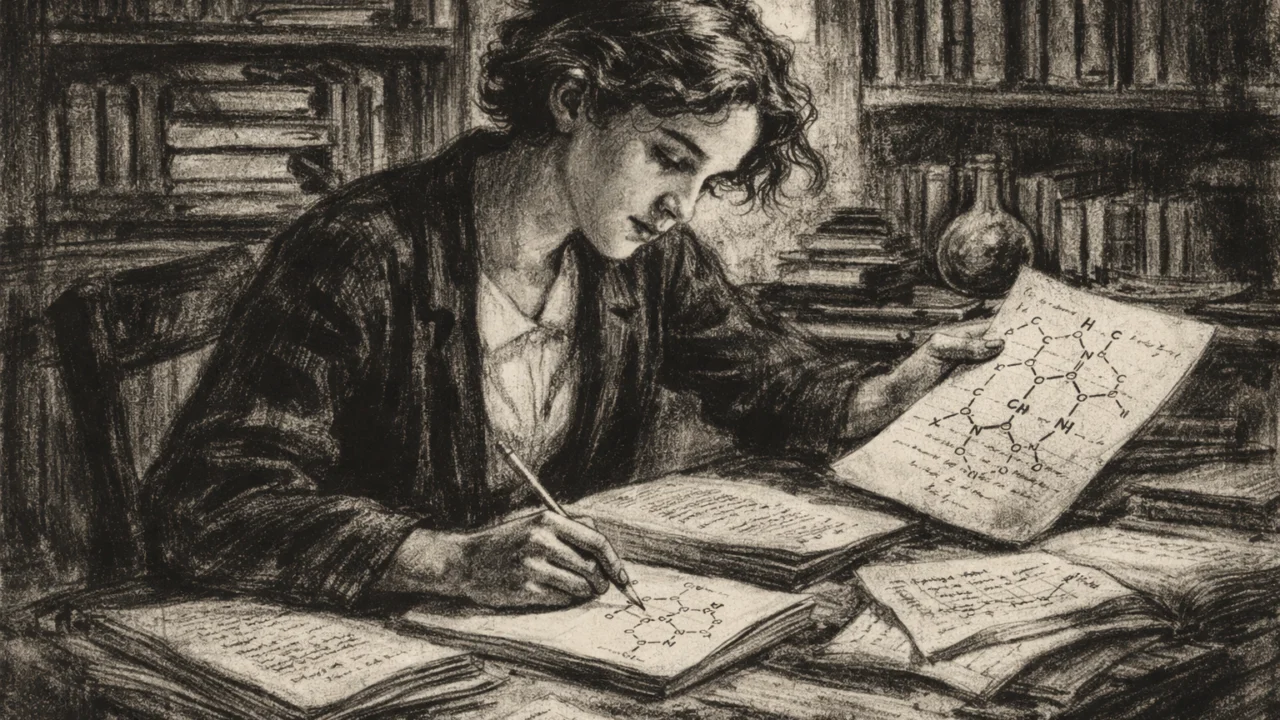 Dorothy Hodgkin kao studentica na Oxfordu, nacrtana u ugalj stil crtežu s naglašenim akademskim okruženjem.