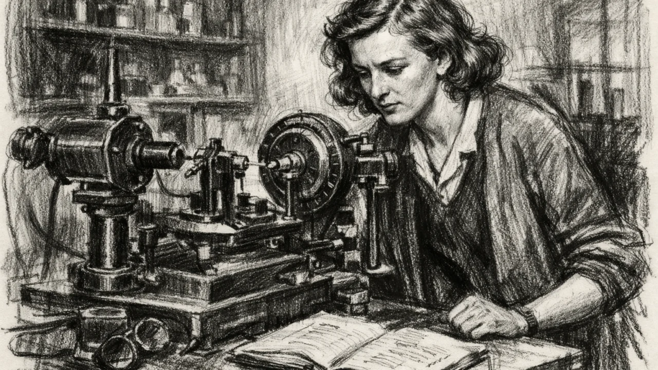 Dorothy Hodgkin u laboratoriju na Cambridgeu, prikazana u ugalj stil crtežu s rendgenskom aparaturom.