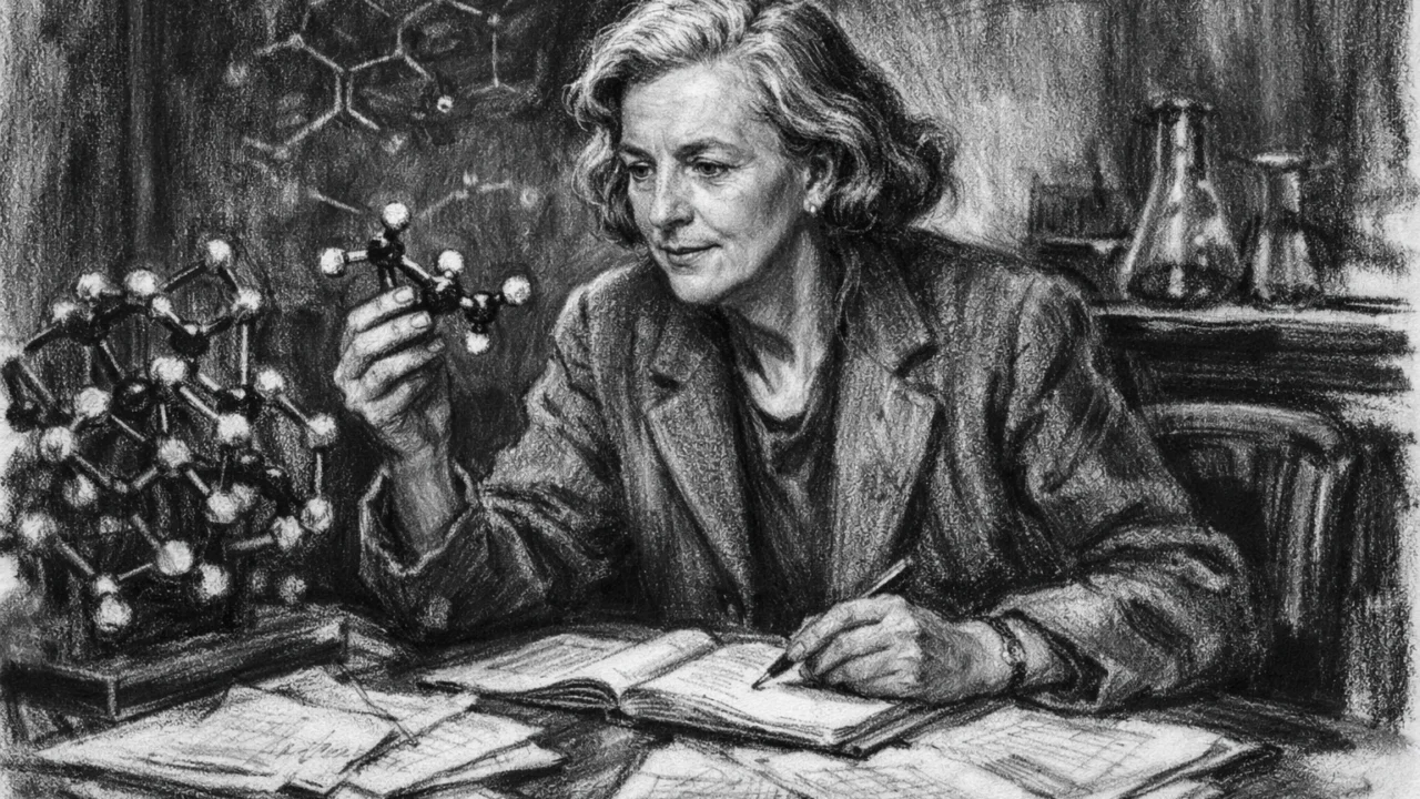Dorothy Hodgkin kao profesorica na Oxfordu, znanstvena scena u ugalj stil crtežu.