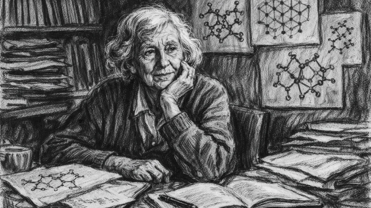 Starija Dorothy Hodgkin u trenutku refleksije, portretirana u ugalj stil crtežu s naglašenom znanstvenom atmosferom.