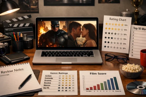 Radni prostor filmskog kritičara s bilješkama i kriterijima za dosljedno ocjenjivanje filmova