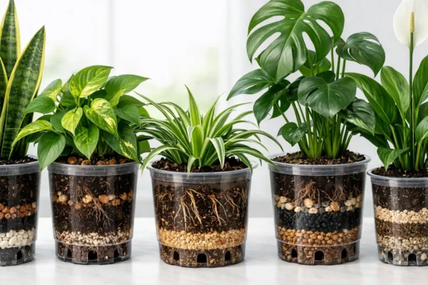 Zdrave sobne biljke u posudama s drenažnim slojem i rupama, prikaz pravilne odvodnje za snažno korijenje