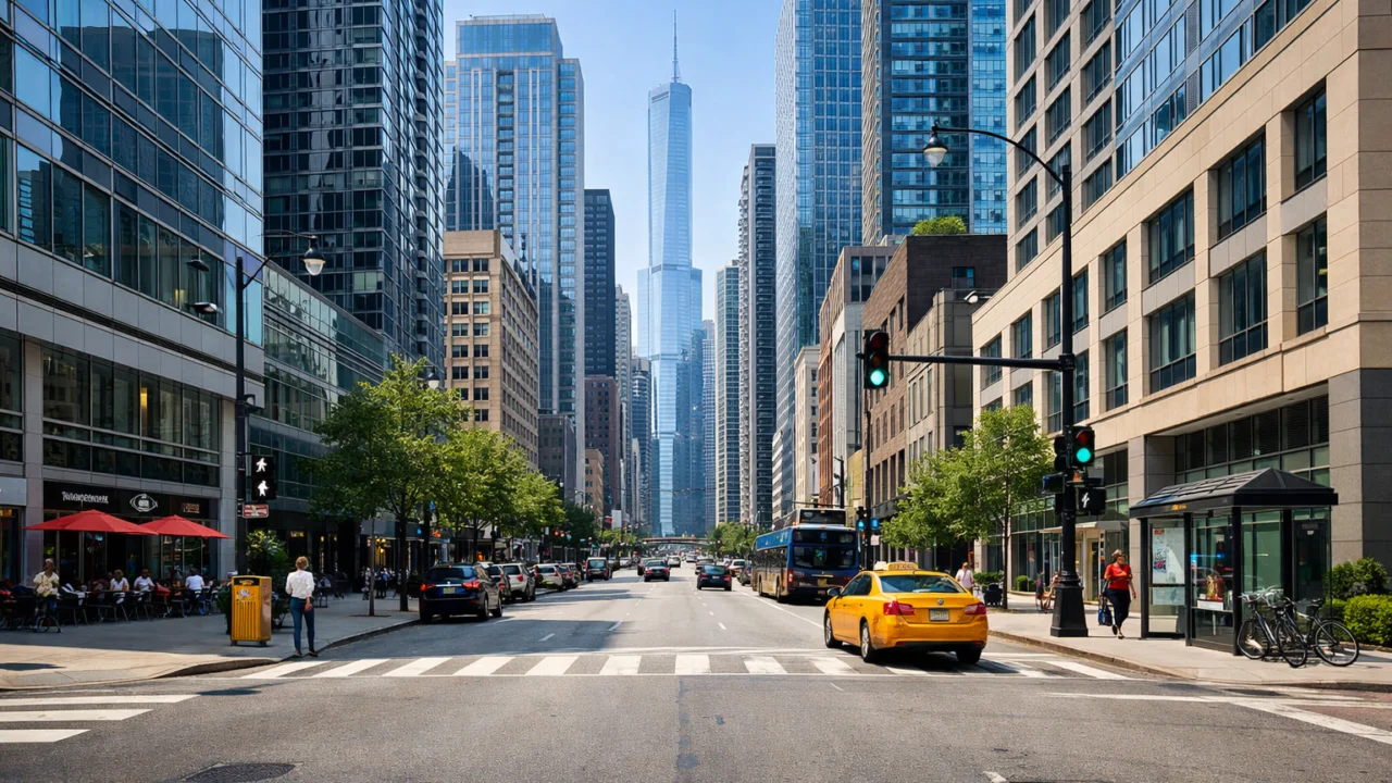 Ulična fotografija s velikom dubinom polja gdje su ljudi i zgrade oštri, naglašavajući kontekst i priču kadra