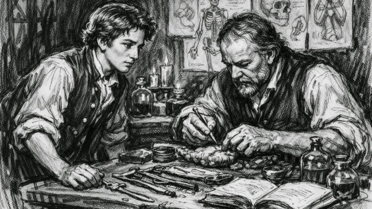 Edward Jenner kao mladi šegrt u medicinskoj praksi, scena u uglj stilu s povijesnim detaljima i jakim kontrastom