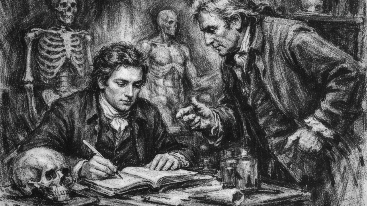 Studij Edwarda Jennera u Londonu prikazan u uglj stilu, znanstvena scena s izraženim linijama i crno-bijelim kontrastom