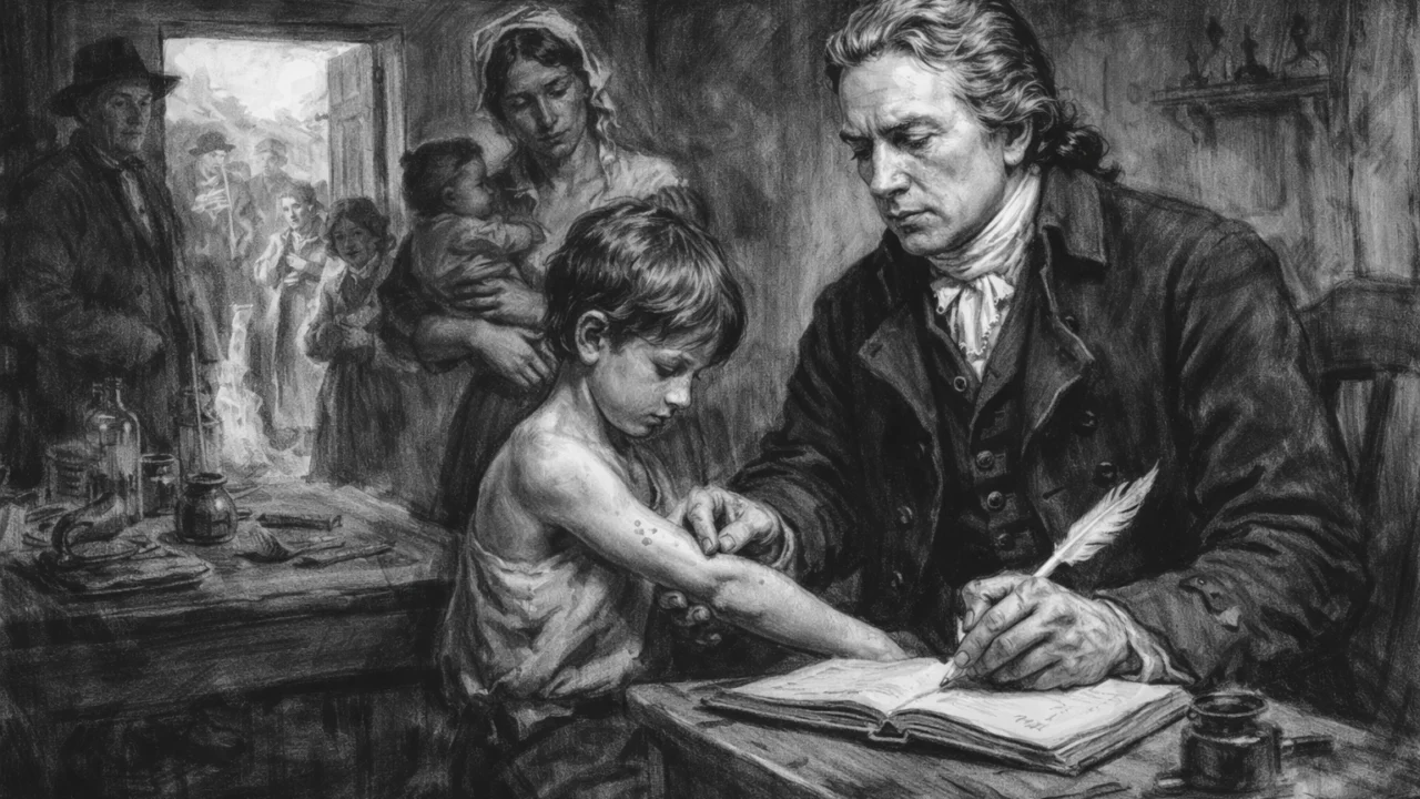 Edward Jenner kao seoski liječnik u Berkeleyju, scena medicinske prakse nacrtana u uglj stilu