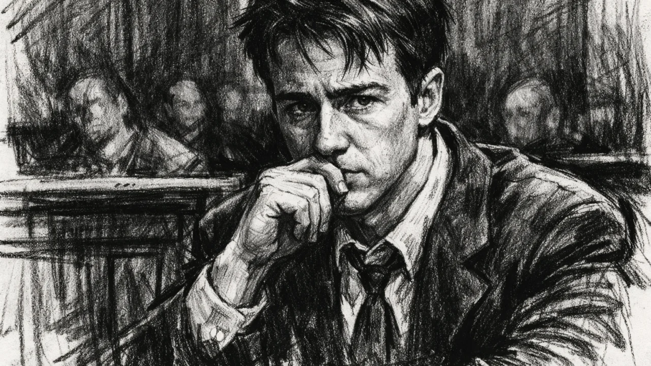 Edward Norton u ranoj filmskoj fazi karijere, dramatični prikaz u ugalj stilu.