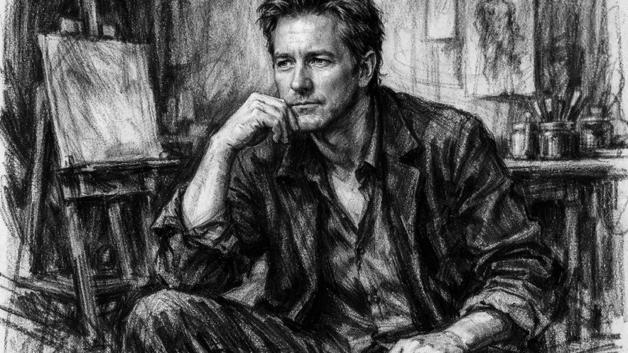 Zreli Edward Norton u reflektivnoj atmosferi, umjetnički prikaz u ugalj stilu.