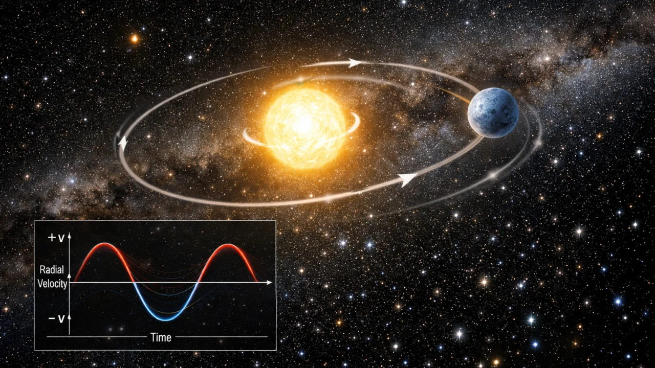 Prikaz metode radijalne brzine gdje planet uzrokuje lagano titranje matične zvijezde