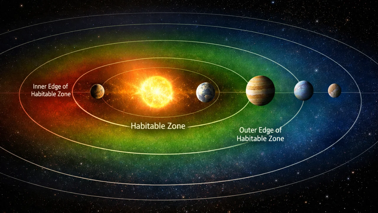 Prikaz nastanjive zone oko zvijezde s planetima na različitim udaljenostima