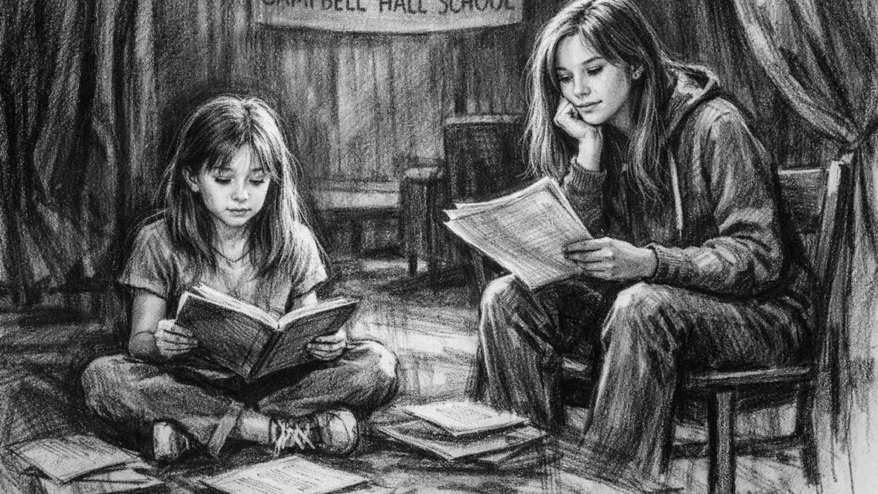 Elizabeth Olsen tijekom školskih dana u kazališnoj učionici, prikazana u ugalj stilu.