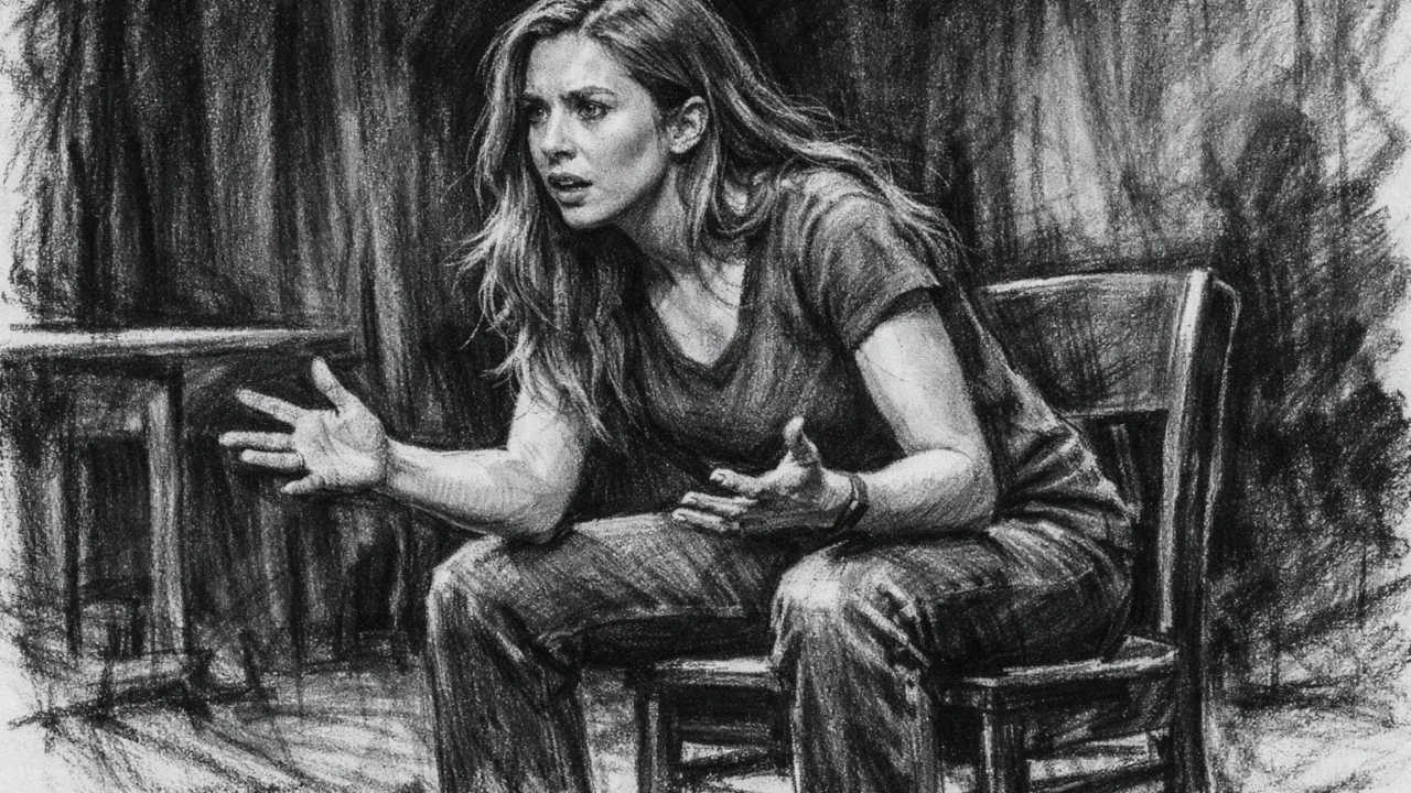 Elizabeth Olsen tijekom studija glume na sveučilištu, nacrtana u ugalj stilu.