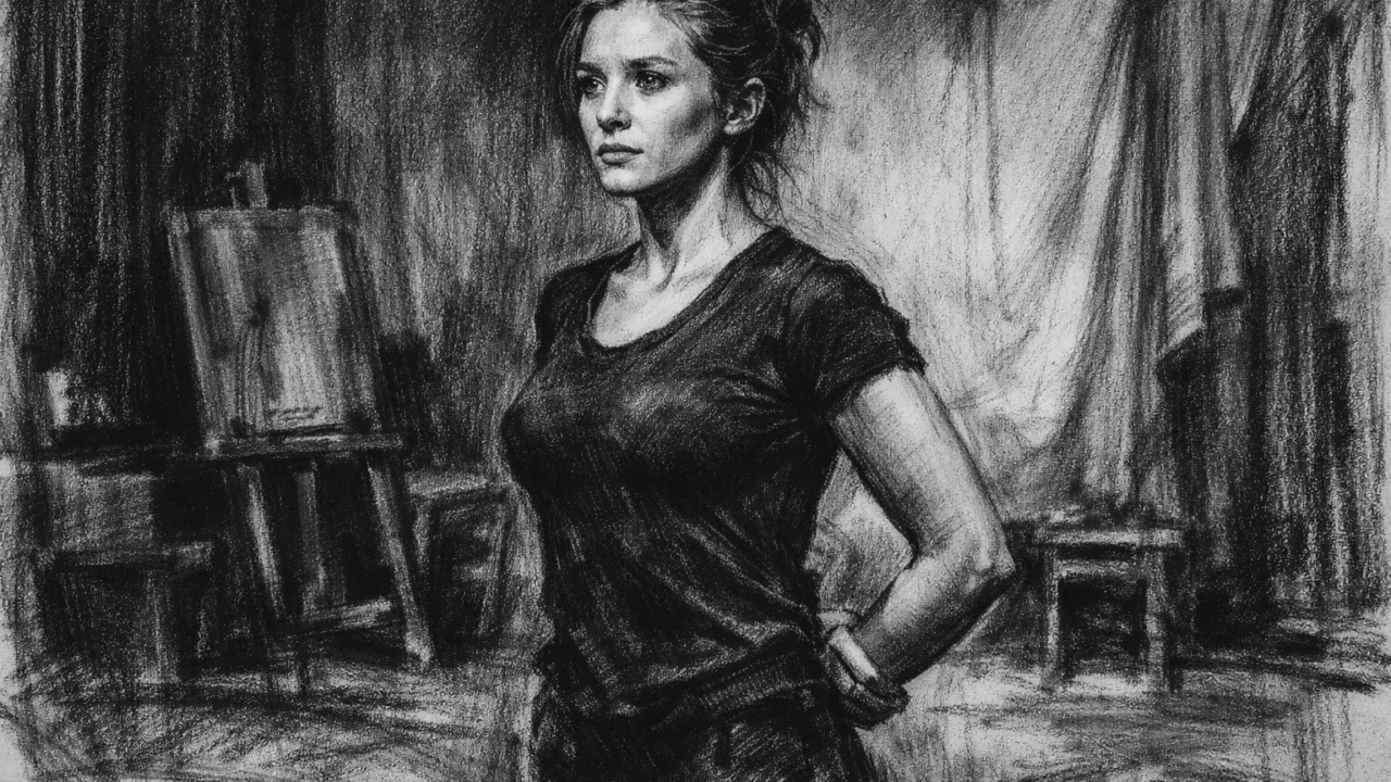 Elizabeth Olsen na glumačkoj edukaciji u Moskvi, prikaz u ugalj stilu s izražajnim sjenama.