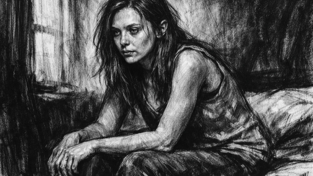 Elizabeth Olsen u emotivnoj filmskoj sceni s početka karijere, prikazana u ugalj stilu.