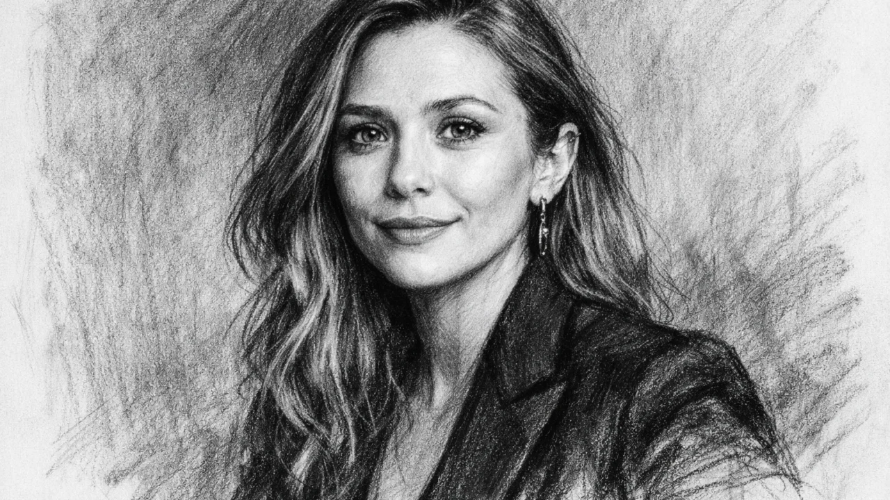 Zrela Elizabeth Olsen u profesionalnom fotografskom okruženju, ilustrirana u ugalj stilu.