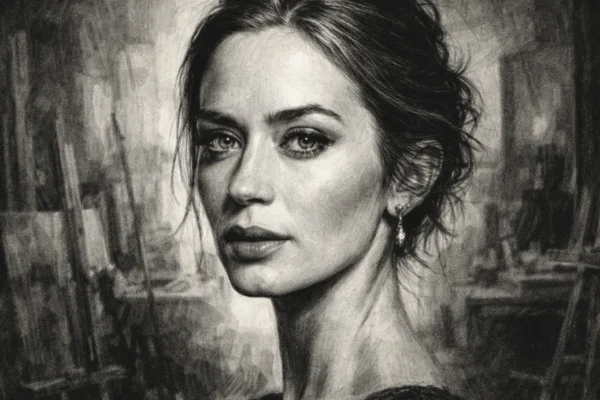 Portret Emily Blunt u ugalj stilu, crno-bijeli umjetnički prikaz s naglašenim kontrastom i izražajnim linijama.