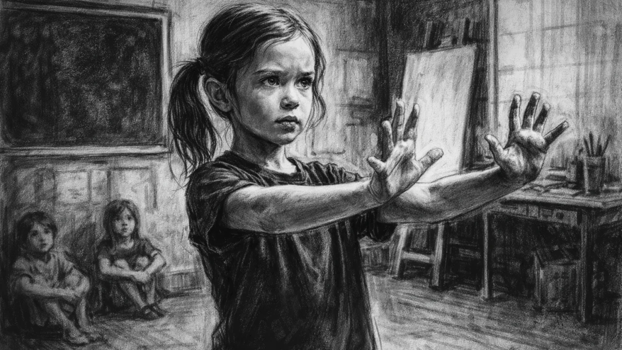 Prikaz dječjih glumačkih vježbi Emily Blunt u ugalj stilu, crno-bijela scena s umjetničkim kontrastom.