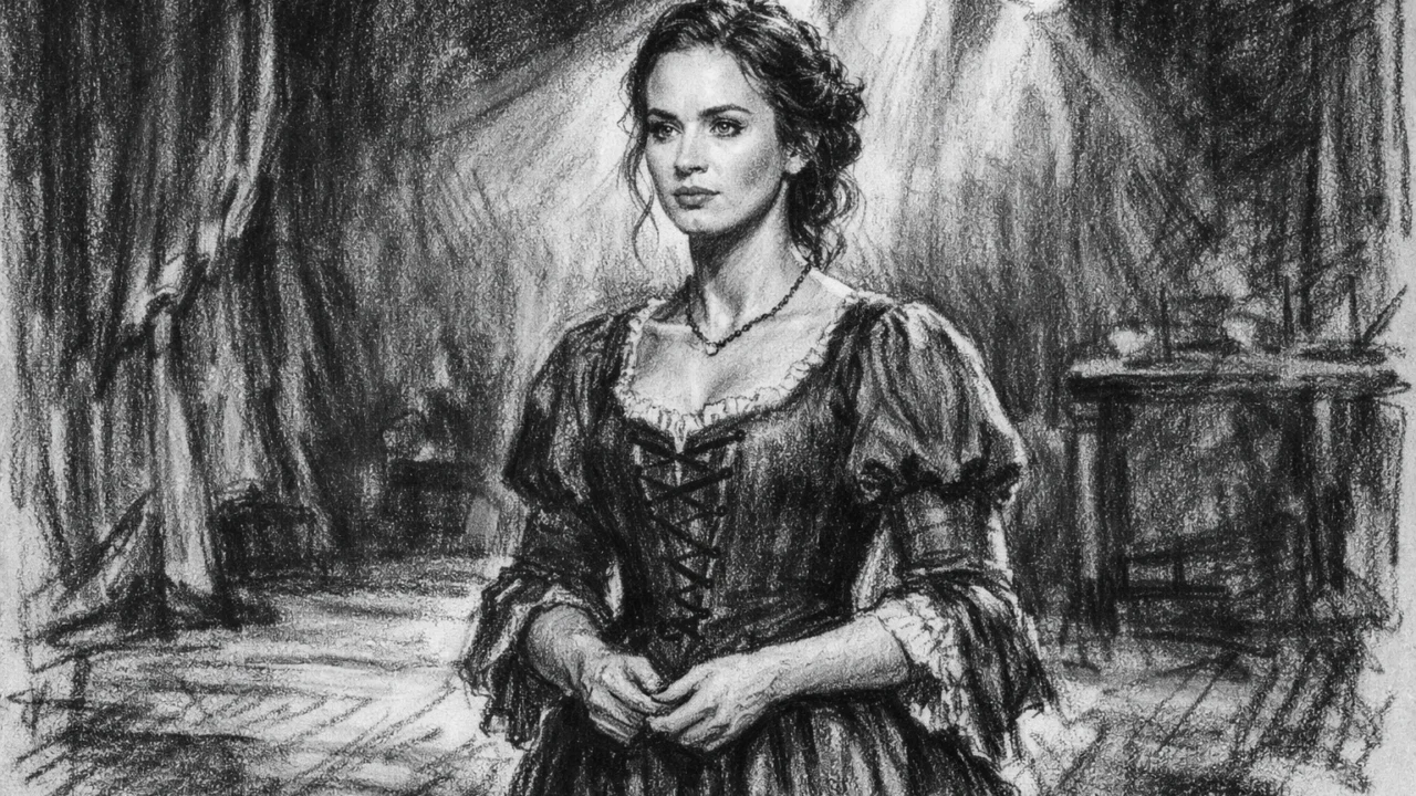 Kazališni početci Emily Blunt prikazani u ugalj stilu, crno-bijela ilustracija s jakim kontrastom.