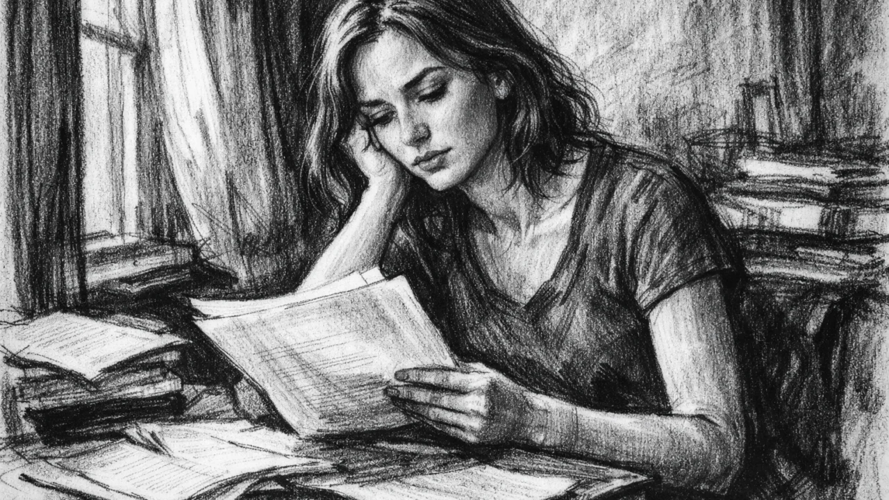 Emily Blunt kako proučava scenarij u kućnom okruženju u ugalj stilu, crno-bijeli umjetnički crtež.