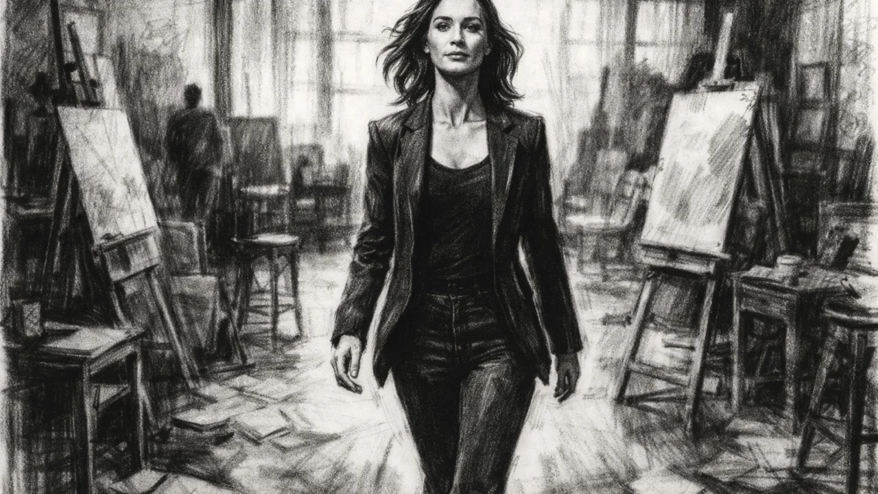 Simboličan prikaz profesionalnog puta Emily Blunt u ugalj stilu, crno-bijela scena s izražajnim linijama.