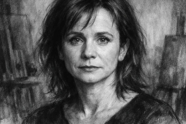 Portret Emily Watson u ugalj stilu, crno-bijeli umjetnički crtež s naglašenim kontrastom i izražajnim linijama