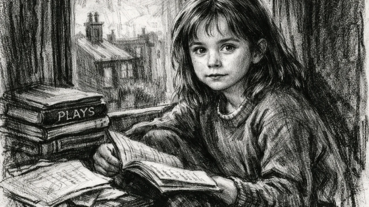 Rani život Emily Watson prikazan u ugalj stilu, djevojački portret s knjigama i naglašenom umjetničkom atmosferom