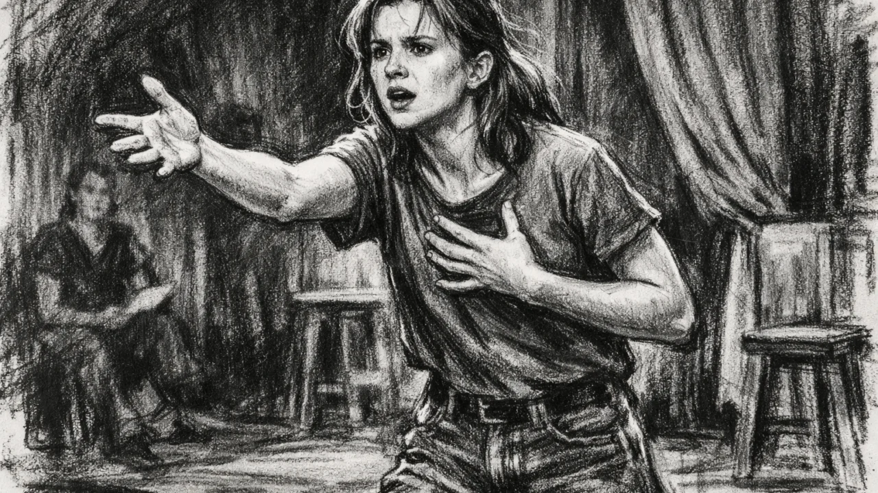 Emily Watson u školskom kazalištu nacrtana u ugalj stilu, crno-bijela scena s izraženim kontrastom