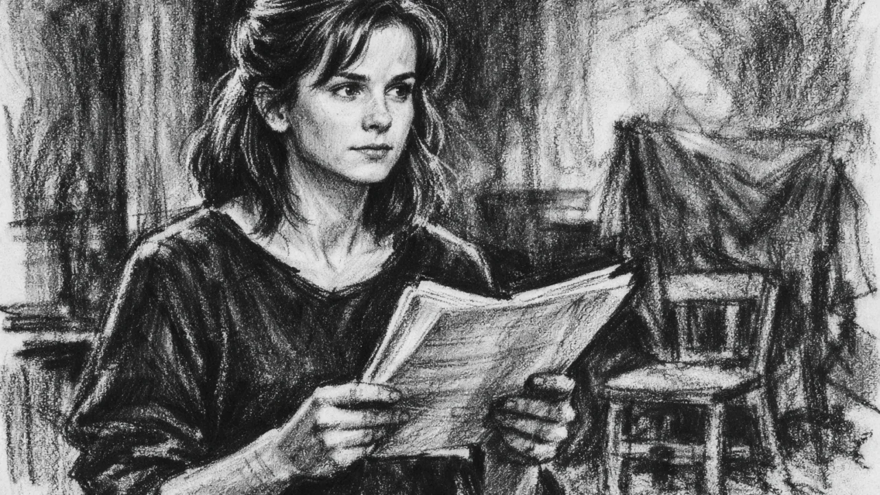 Studij glume Emily Watson u ugalj stilu, umjetnički crtež koji prikazuje obrazovanje i disciplinu