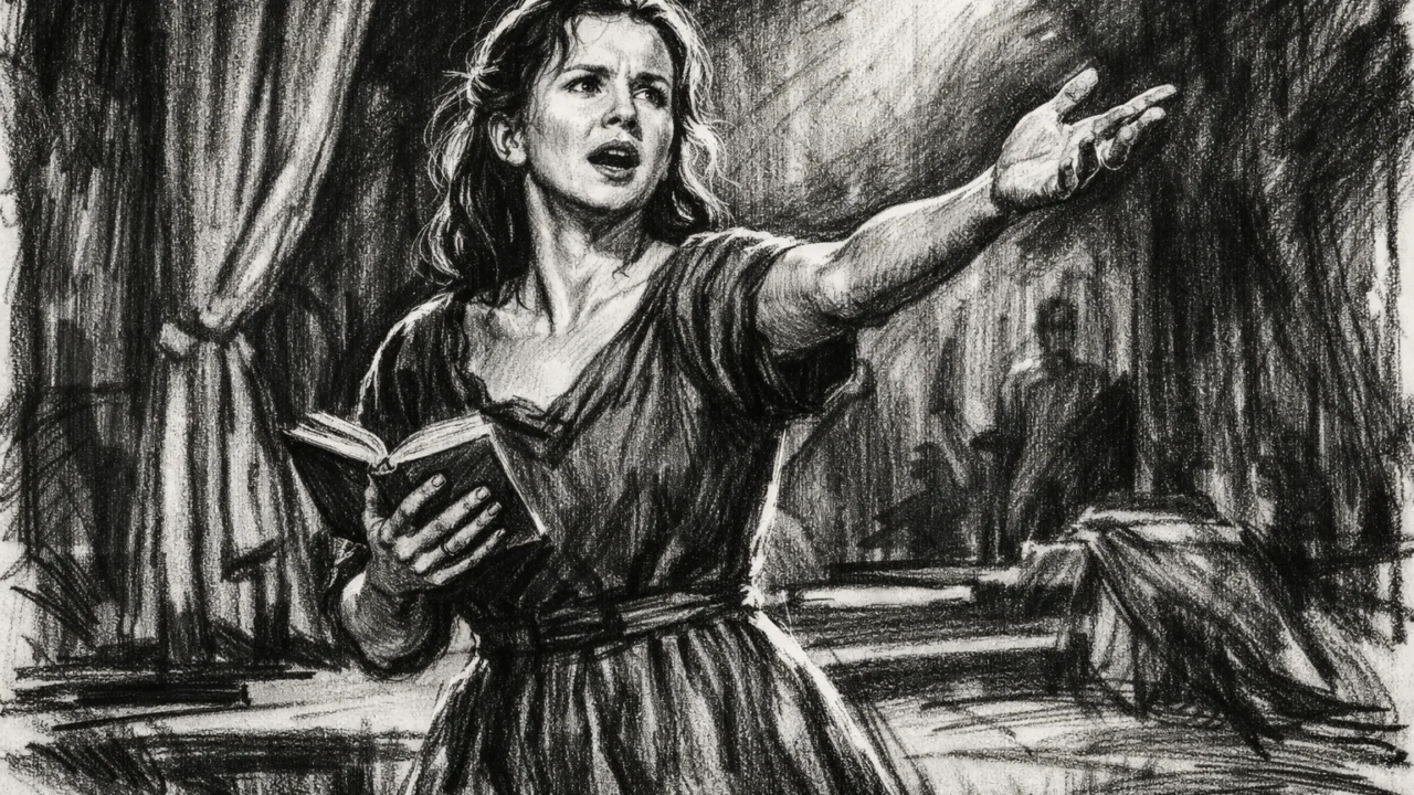 Kazališna proba Emily Watson u ugalj stilu, crno-bijeli crtež s naglašenom dramskom ekspresijom