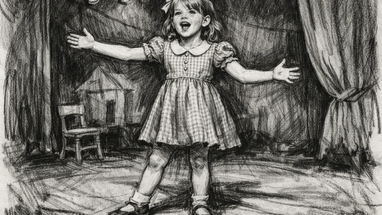 Prikaz mlade Emme Stone na kazališnoj pozornici u djetinjstvu, nacrtano u ugljen stilu