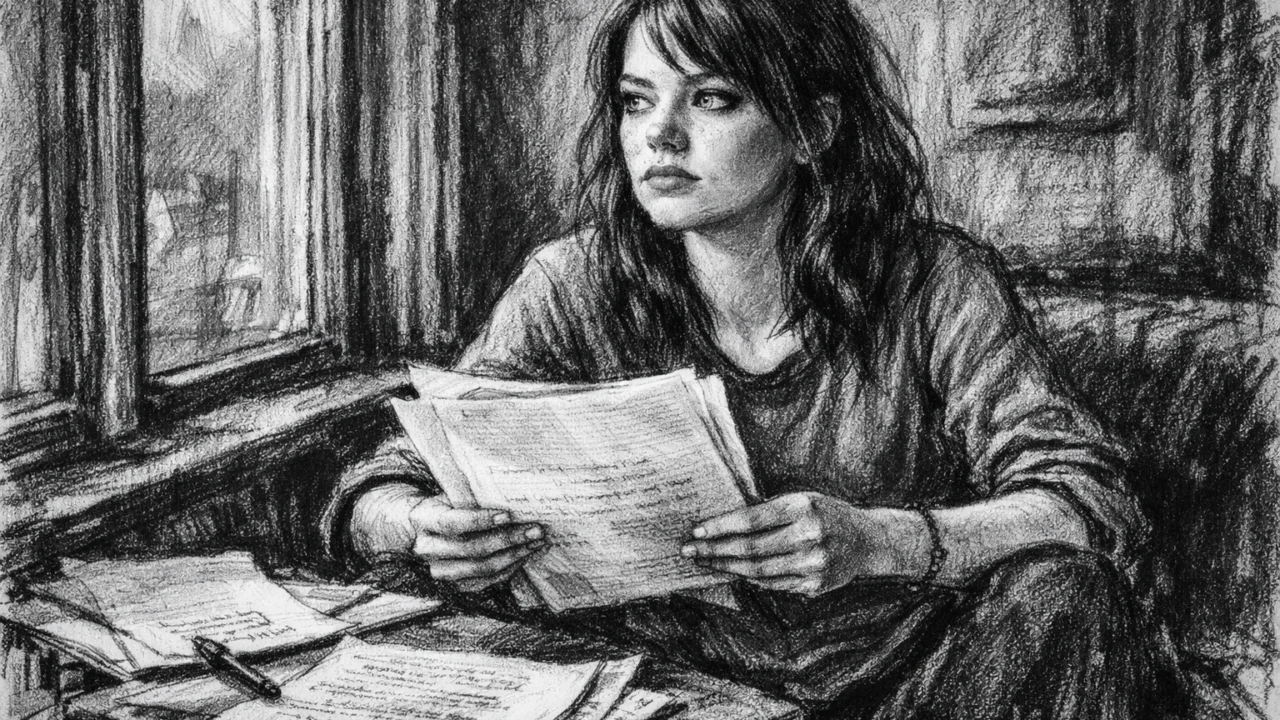 Emma Stone kao tinejdžerica kako uči tekst kod kuće, umjetnički prikaz u ugljen stilu