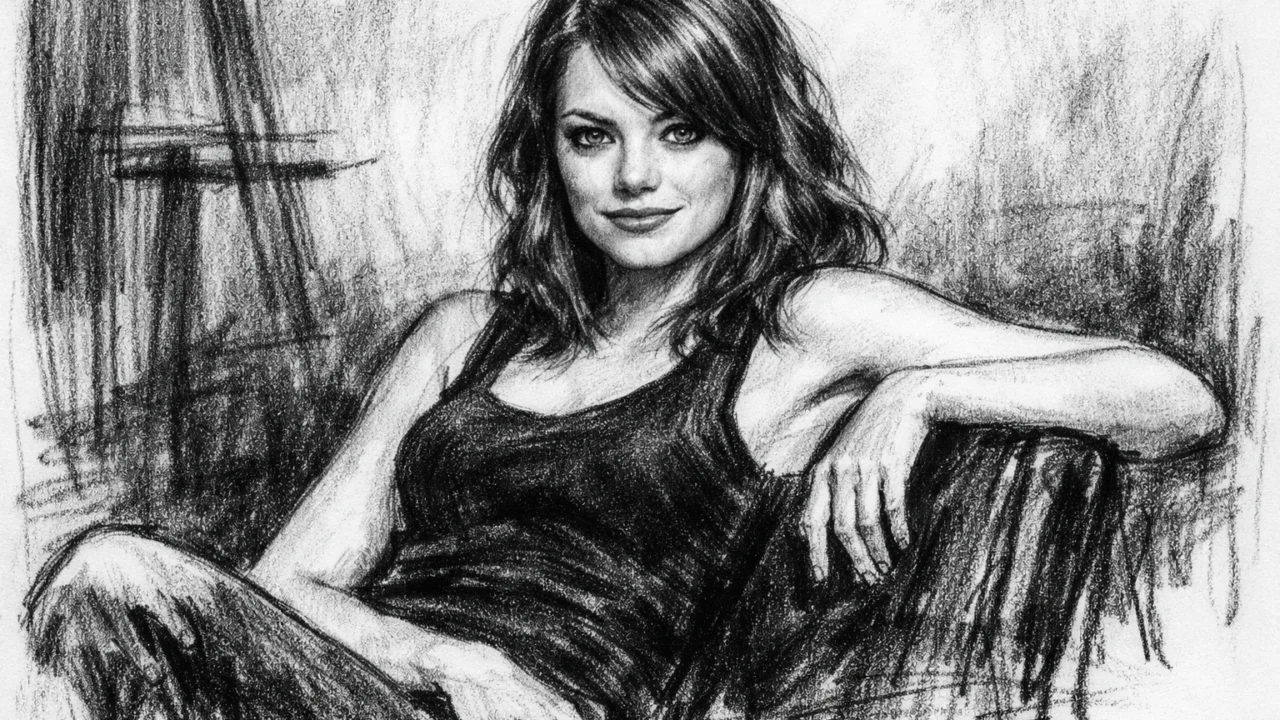 Emma Stone na početku filmskog uspjeha, nacrtana u visokokontrastnom ugljen stilu