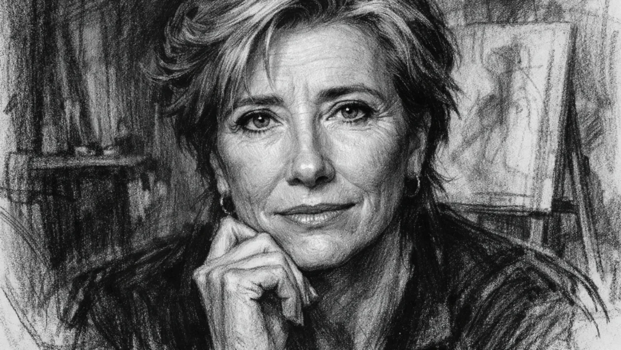 Portret Emme Thompson u ugalj stilu, crno-bijeli crtež s naglašenim kontrastom i izražajnim linijama.