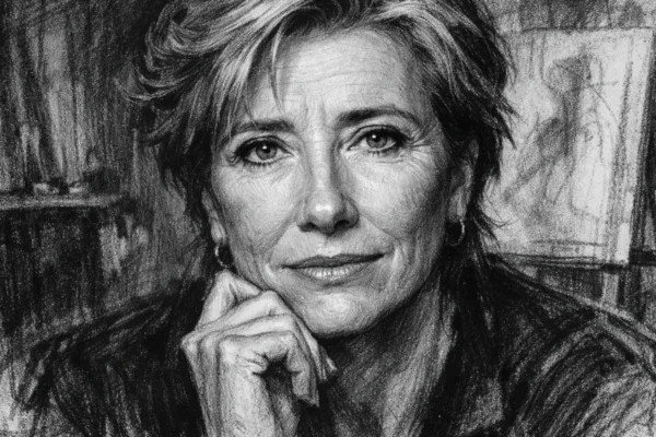 Portret Emme Thompson u ugalj stilu, crno-bijeli crtež s naglašenim kontrastom i izražajnim linijama.