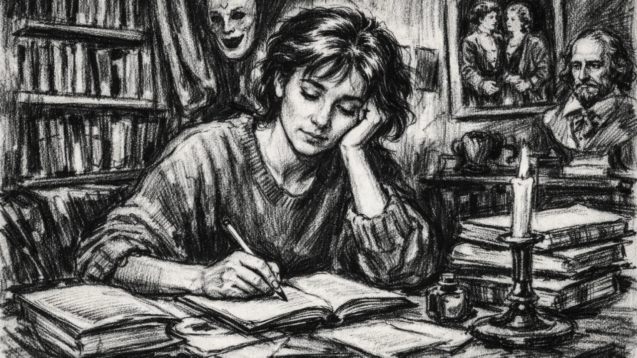 Rani život Emme Thompson prikazan u ugalj stilu, crno-bijeli crtež s obiteljskim i umjetničkim okruženjem.