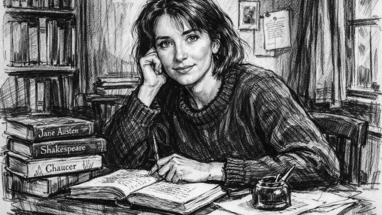 Emma Thompson tijekom studija u Cambridgeu u ugalj stilu, akademska scena u crno-bijelom crtežu.