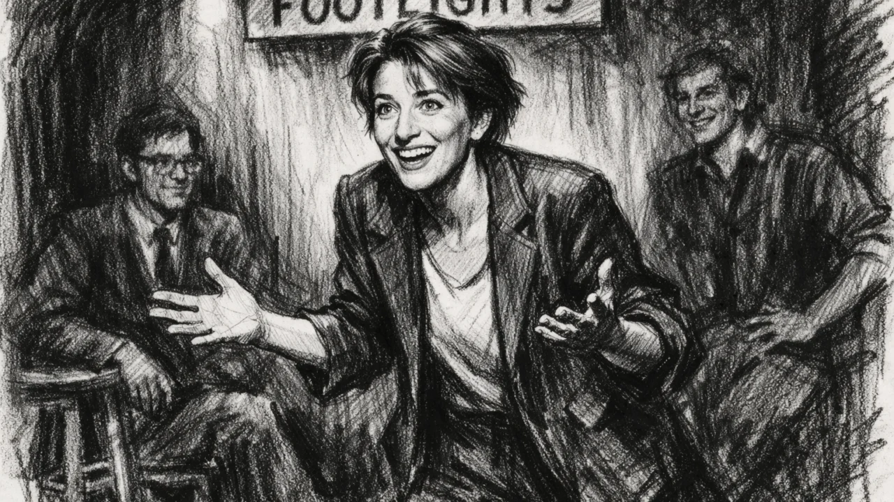 Emma Thompson na studentskoj pozornici Cambridge Footlights u ugalj stilu, izražajan crno-bijeli crtež.