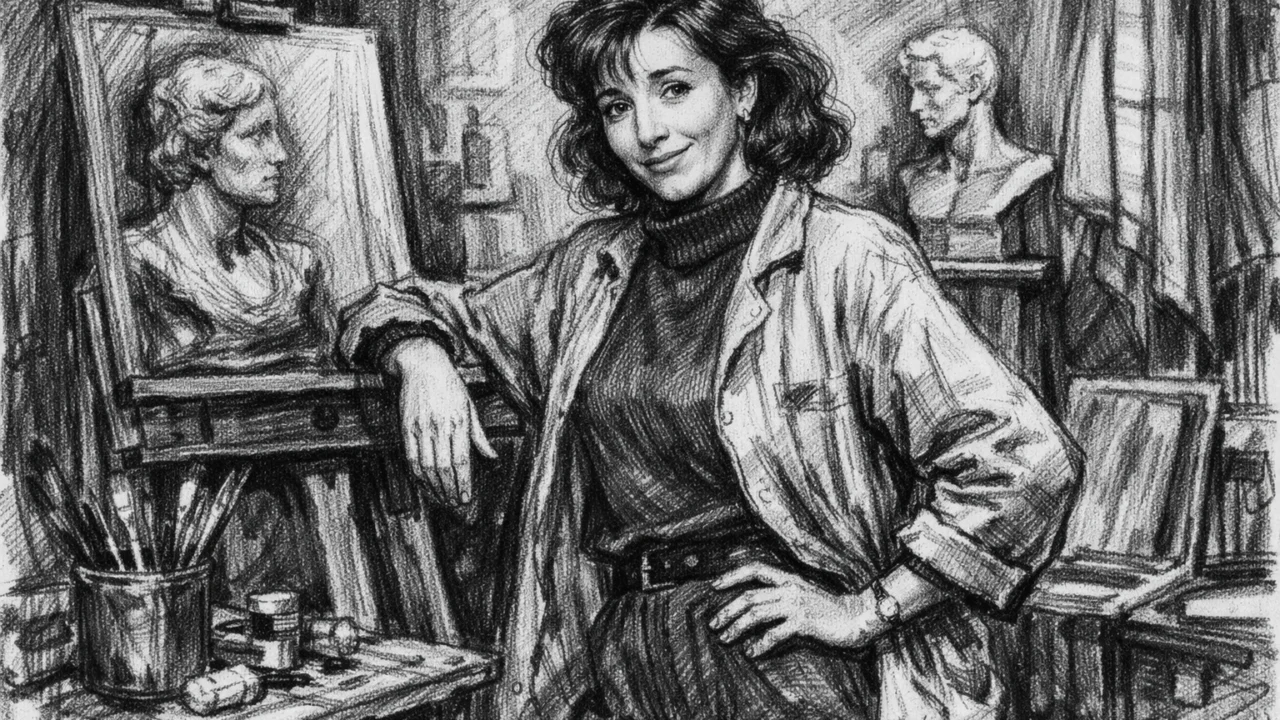 Početak profesionalne karijere Emme Thompson u ugalj stilu, televizijska scena u crno-bijelom crtežu.