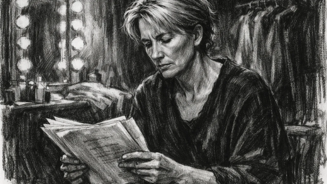 Emma Thompson iza pozornice s tekstom u ruci, prikazana u ugalj stilu s naglašenim kontrastom.