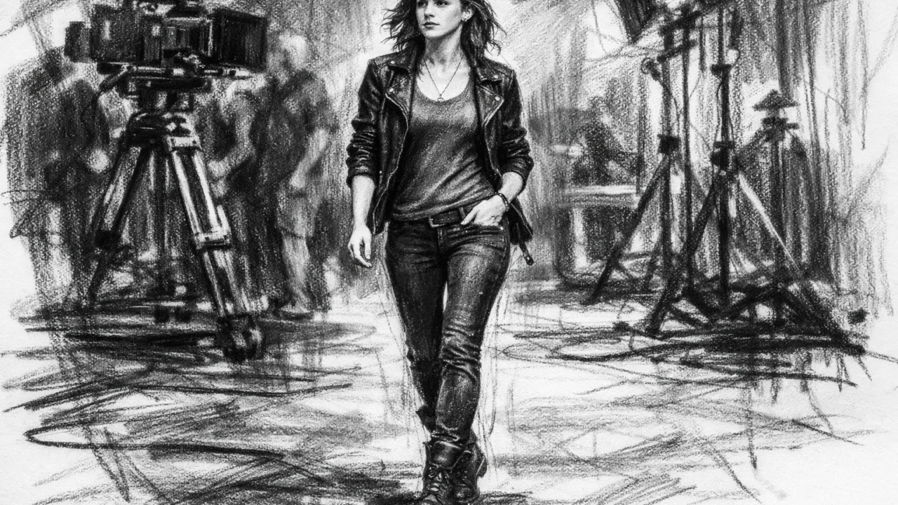 Emma Watson na filmskom setu između scena, prikazana u ugalj stilu s izražajnim linijama