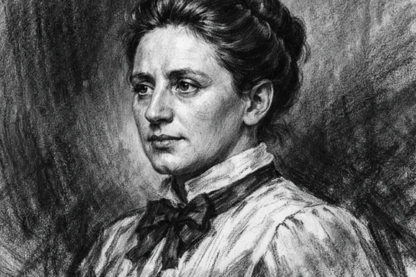 Portret Emmy Noether u ugalj stilu, crno-bijeli prikaz s naglašenim crtama lica i snažnim kontrastom.