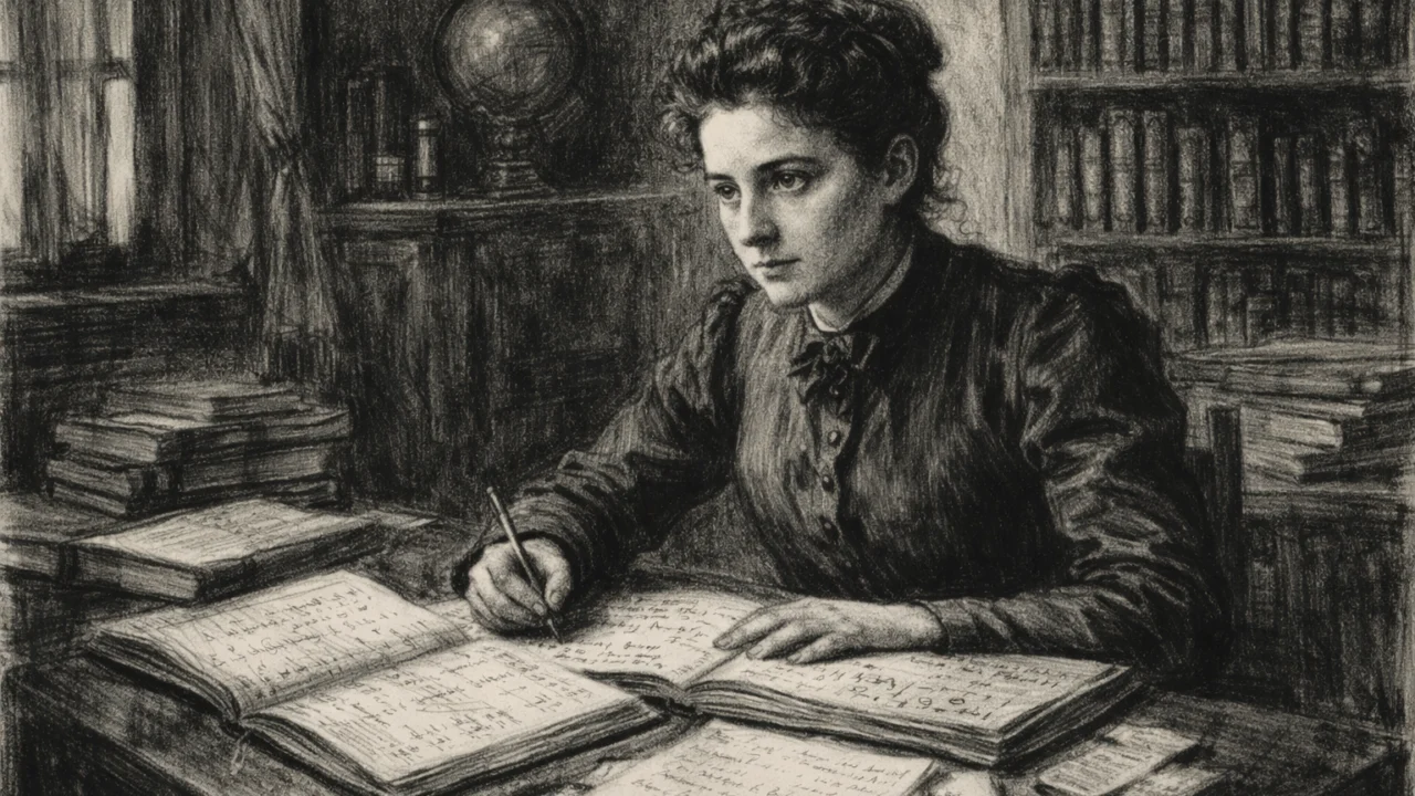 Mlada Emmy Noether tijekom učenja matematike u Erlangenu, scena u ugalj stilu s akademskim ozračjem.
