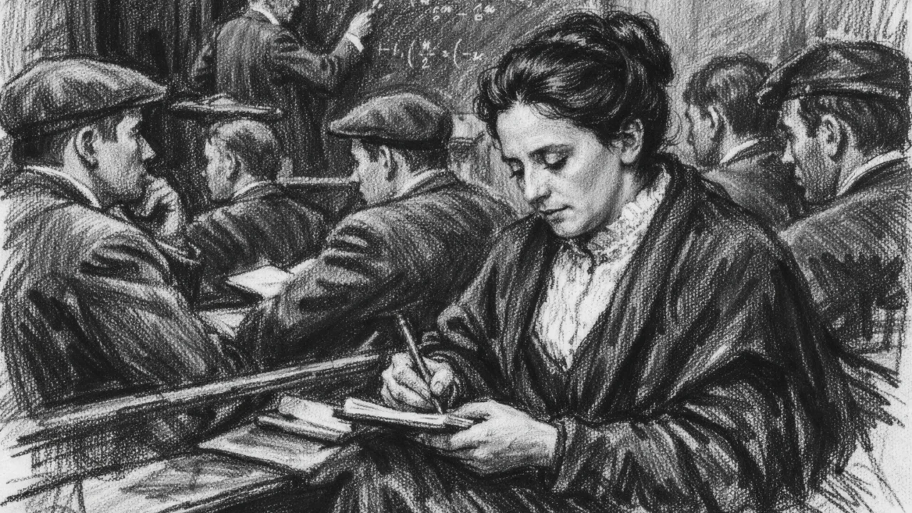 Emmy Noether kao izvanredna studentica na predavanju u Göttingenu, prikazana u ugalj stilu.