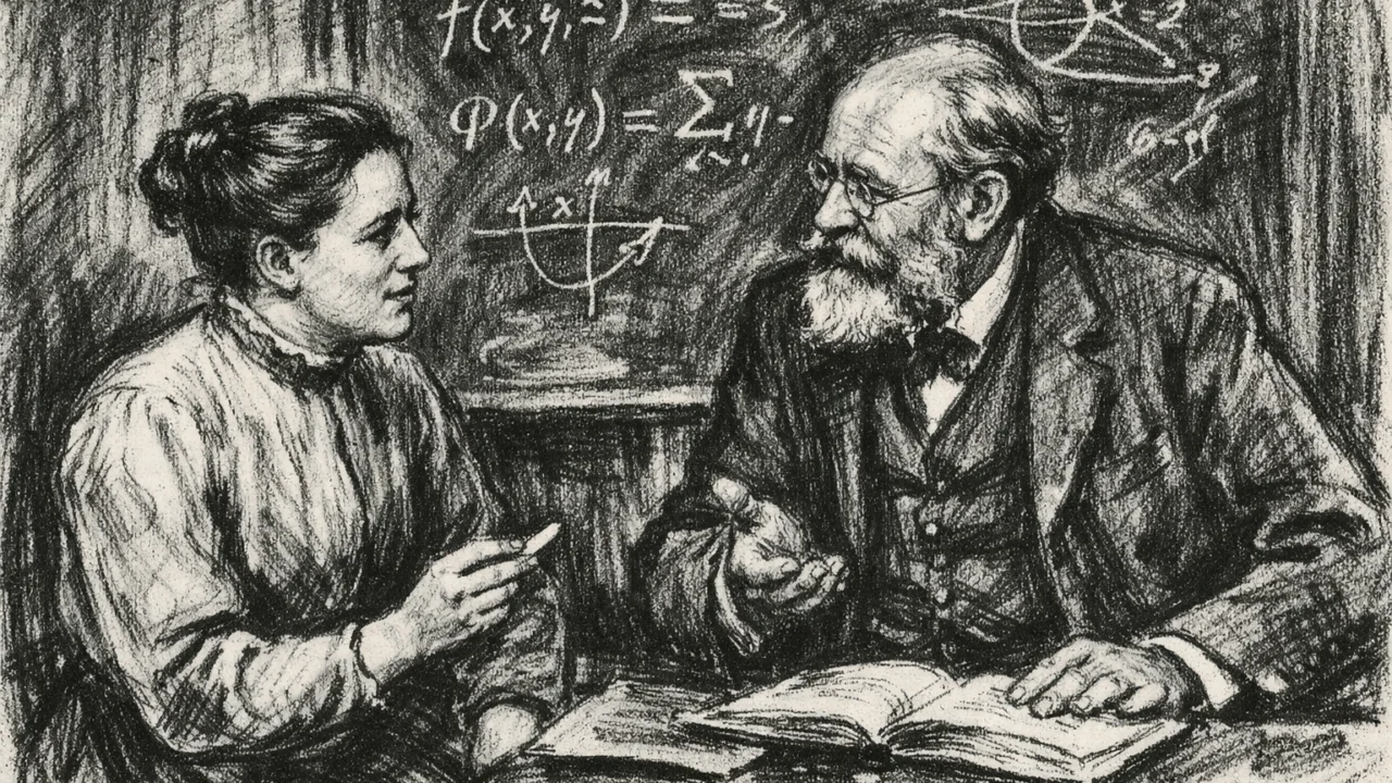 Emmy Noether i njezin otac Max Noether u akademskom okruženju, ilustrirano u ugalj stilu.