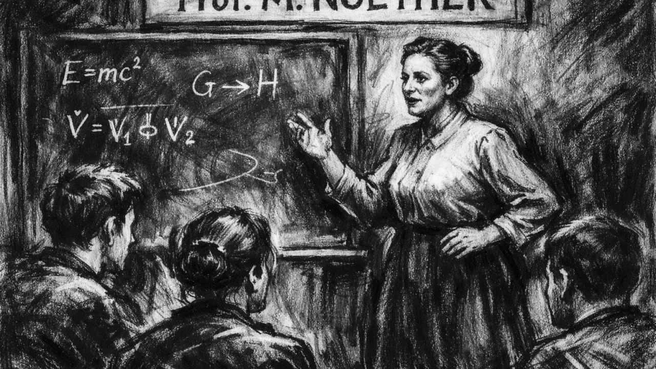 Scena predavanja Emmy Noether bez formalnog priznanja, snažan prikaz u ugalj stilu.
